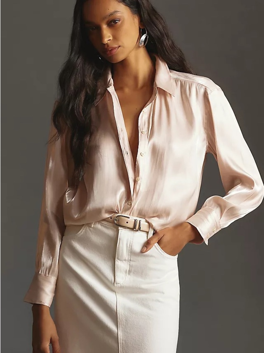 Anthropologie Silky Iridescent Button-Down Shirt in Blush Pink Size L